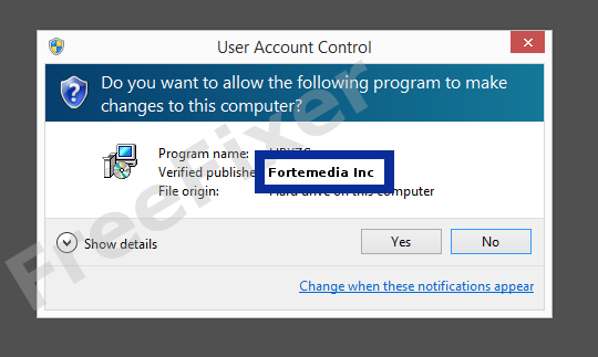 Screenshot where Fortemedia Inc appears as the verified publisher in the UAC dialog